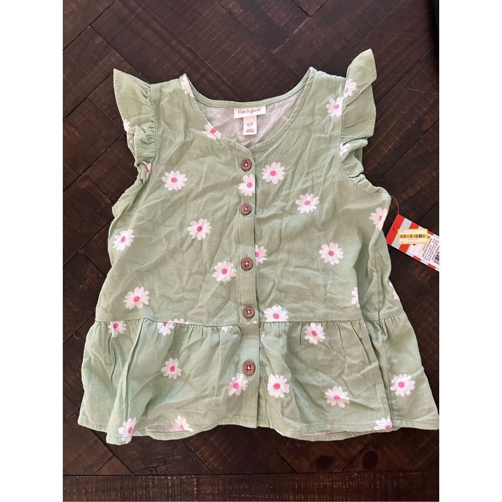 🌸 Cat & Jack Green and White Floral Girls Top Size Medium 8 New